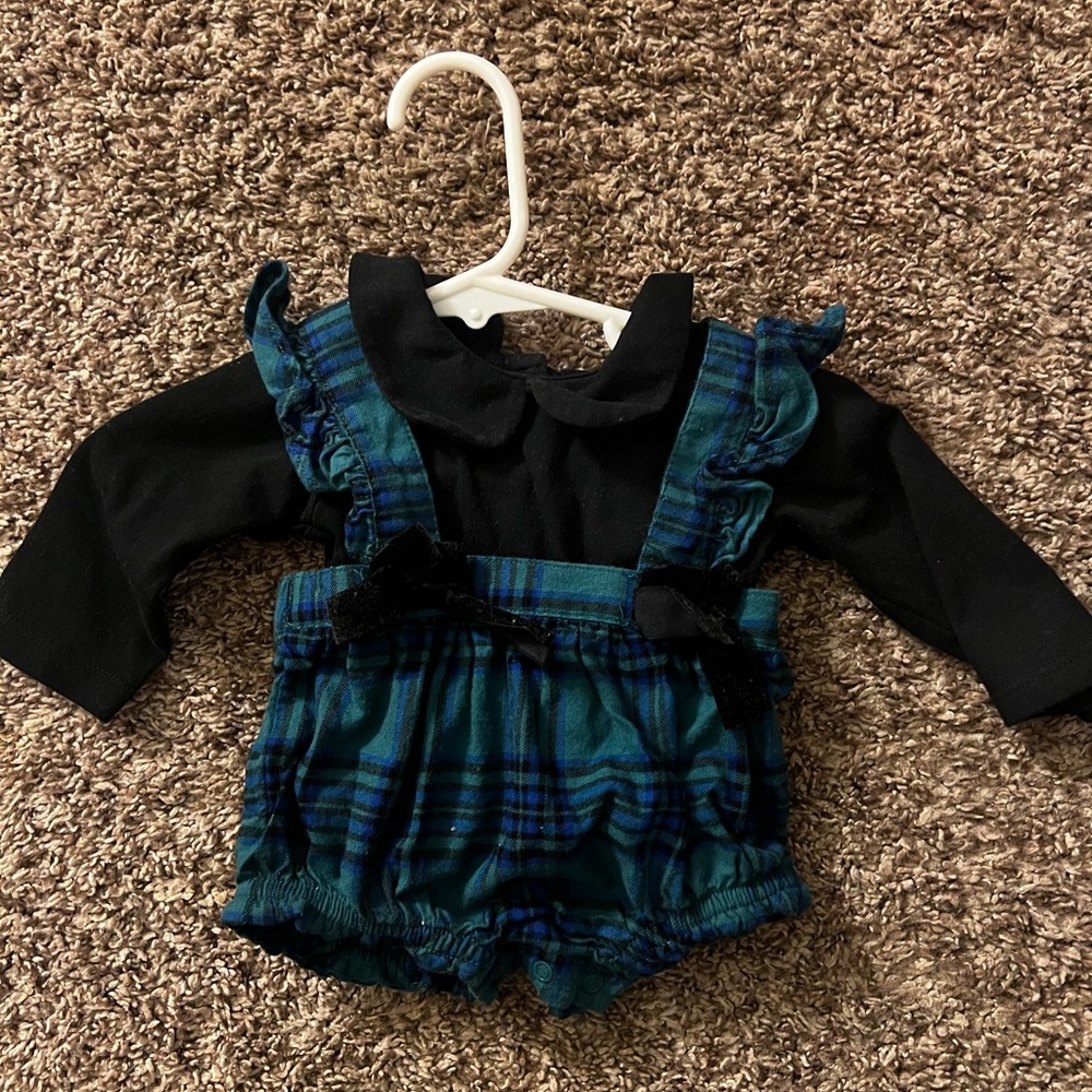 Blue/green outfit withh black long sleeve onesie underneath